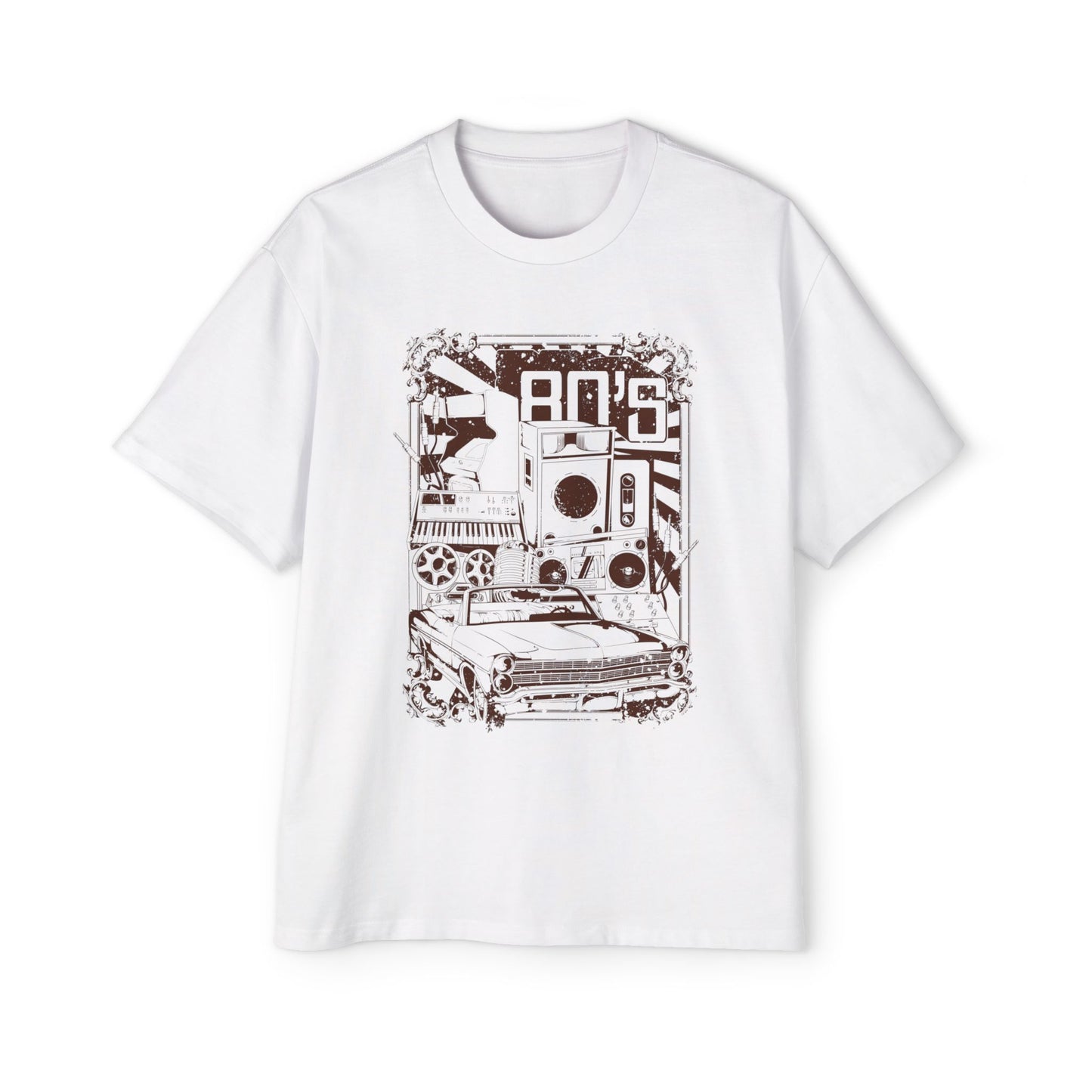 Men's White Oversized 80s Retro Graphic T-Shirt | 220 GSM | Vintage Music & Car Print