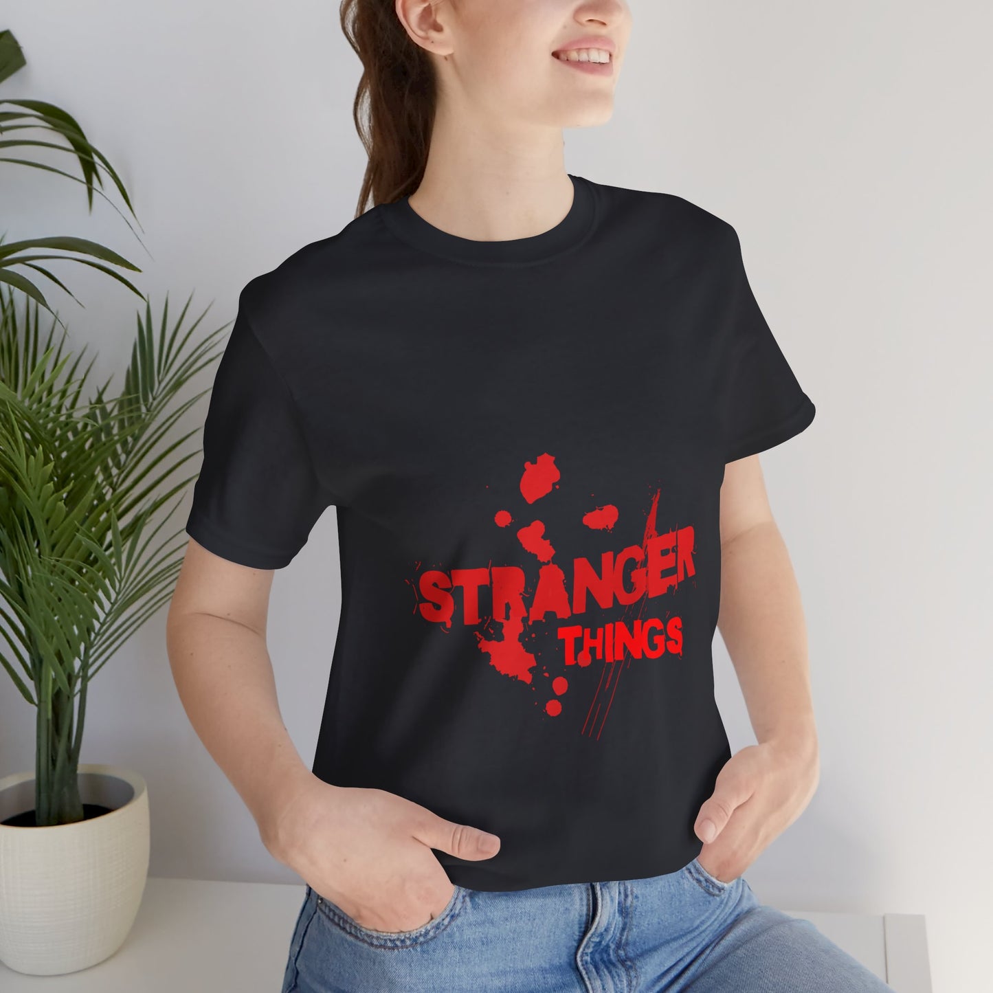 Women's Black Half Sleeve Round Neck T-shirt with Stranger Things Design