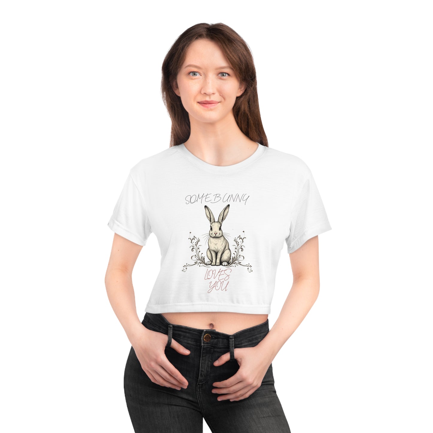 "White Bunny Print Crop Top – Size S | Cute & Trendy Women's Tee"