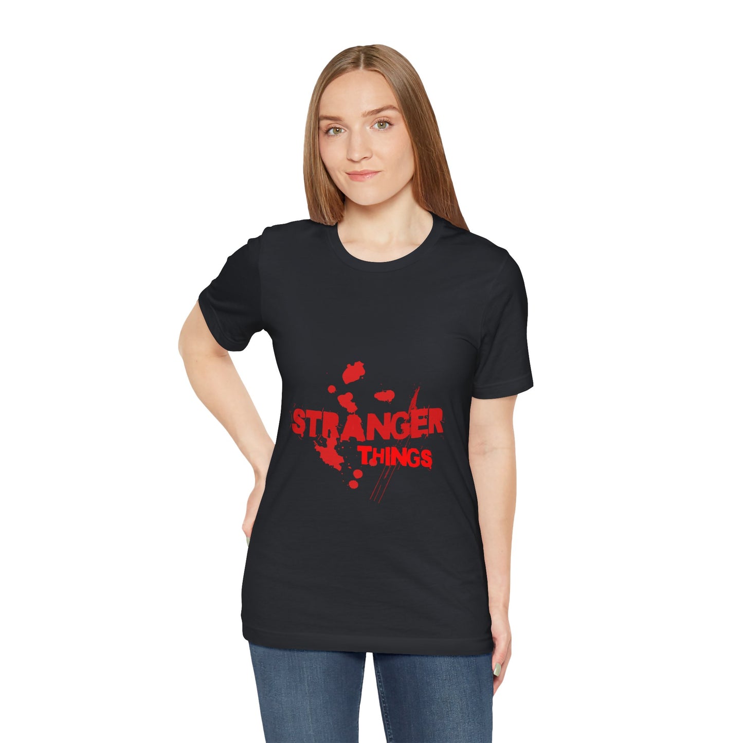 Women's Black Half Sleeve Round Neck T-shirt with Stranger Things Design