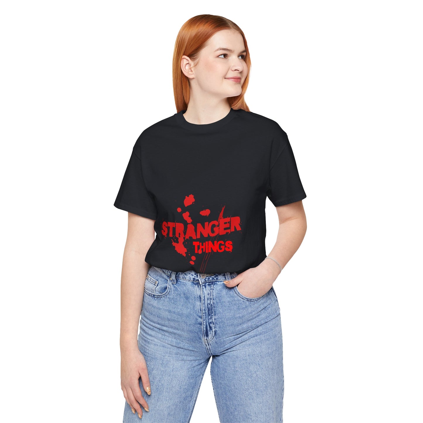 Women's Black Half Sleeve Round Neck T-shirt with Stranger Things Design