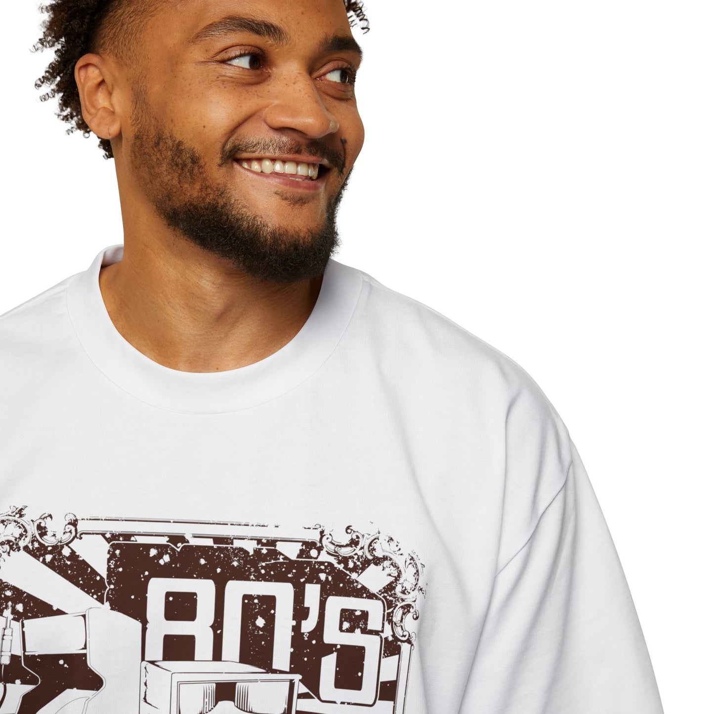 Men's White Oversized 80s Retro Graphic T-Shirt | 220 GSM | Vintage Music & Car Print