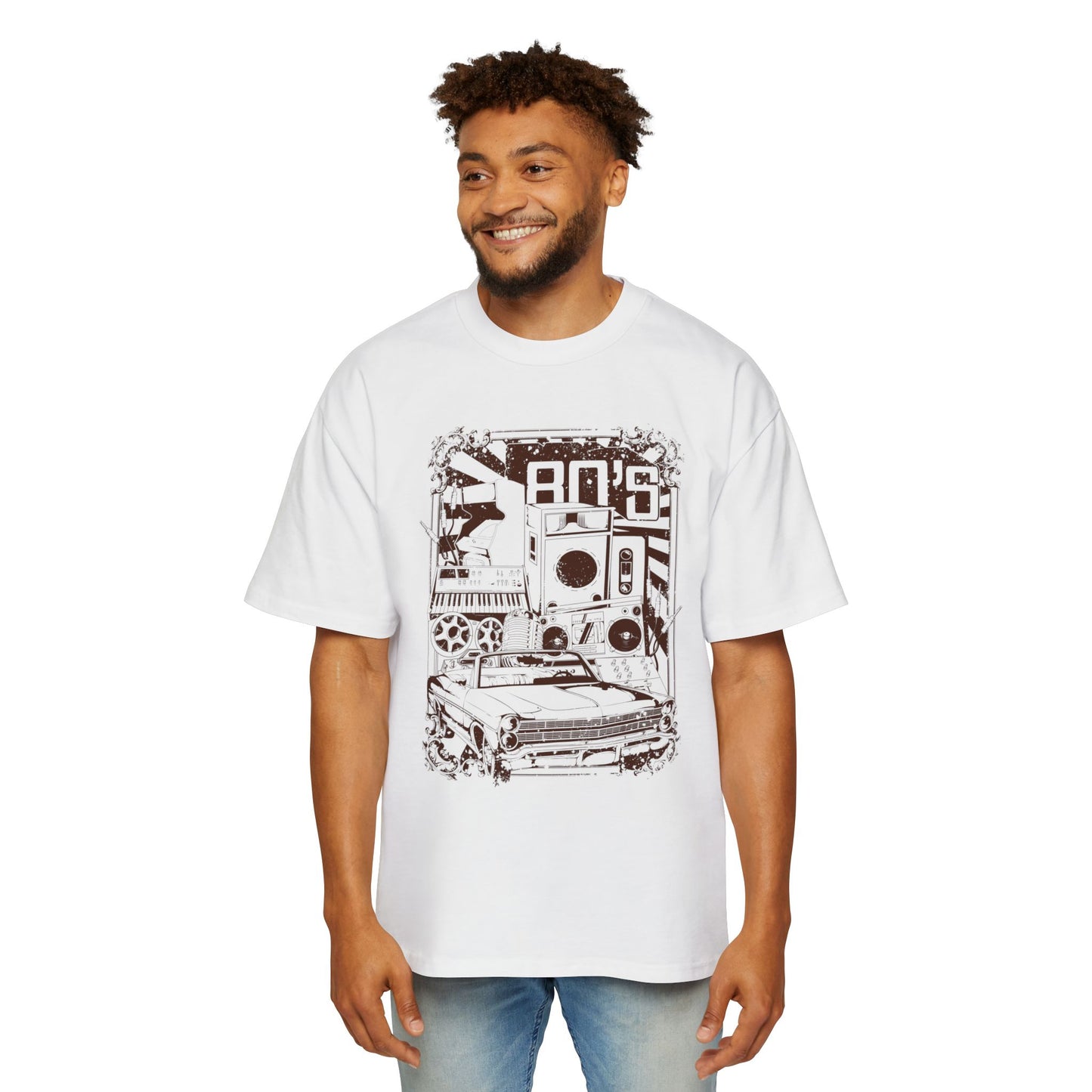 Men's White Oversized 80s Retro Graphic T-Shirt | 220 GSM | Vintage Music & Car Print