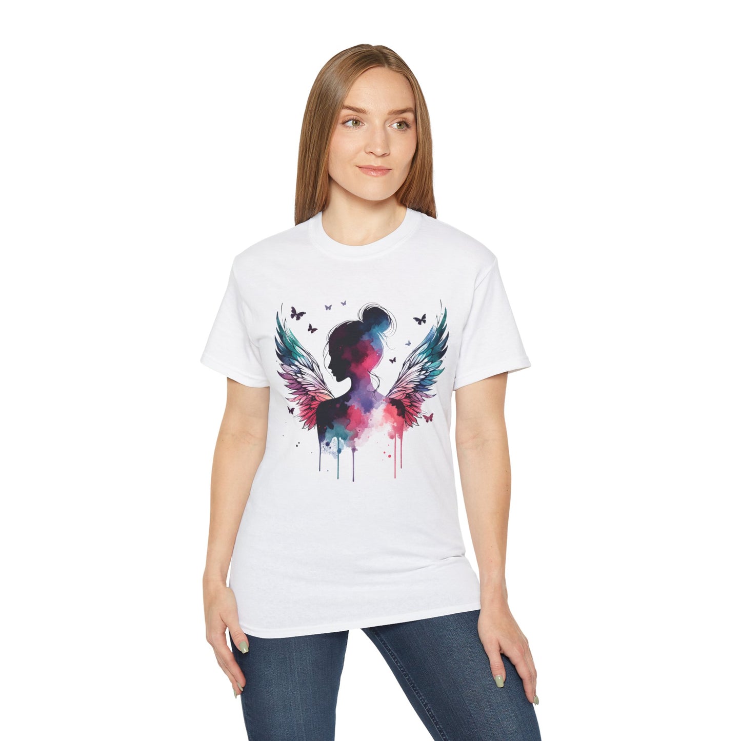 Women's 220 GSM White Round Neck Half Sleeve T-Shirt – Angel Wings Edition"