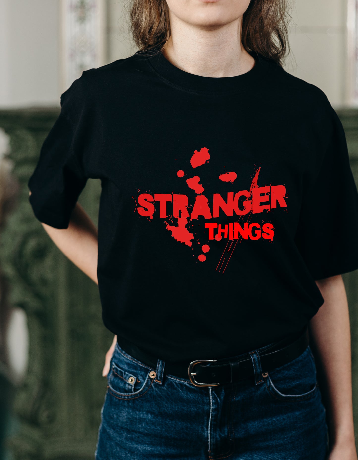 Women's Black Half Sleeve Round Neck T-shirt with Stranger Things Design