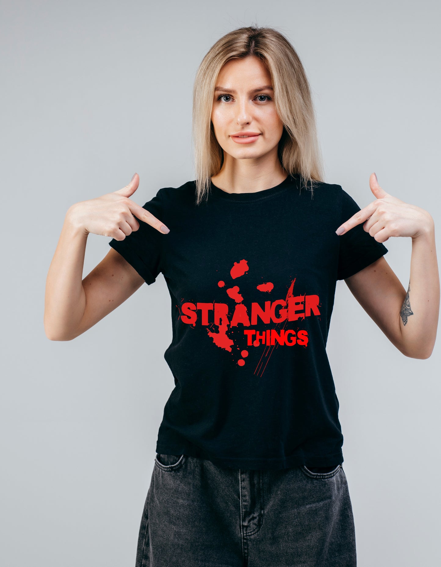 Women's Black Half Sleeve Round Neck T-shirt with Stranger Things Design