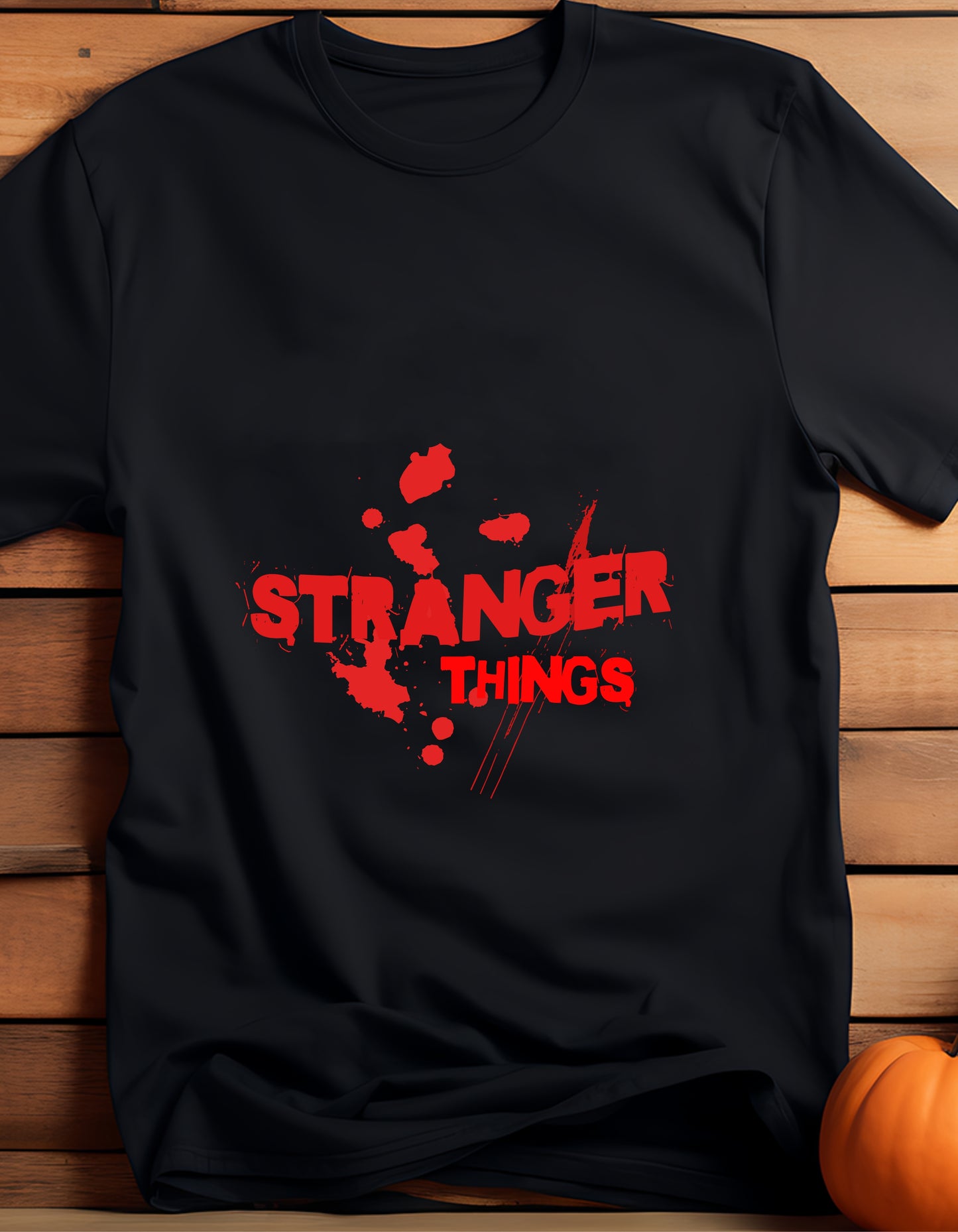 Women's Black Half Sleeve Round Neck T-shirt with Stranger Things Design