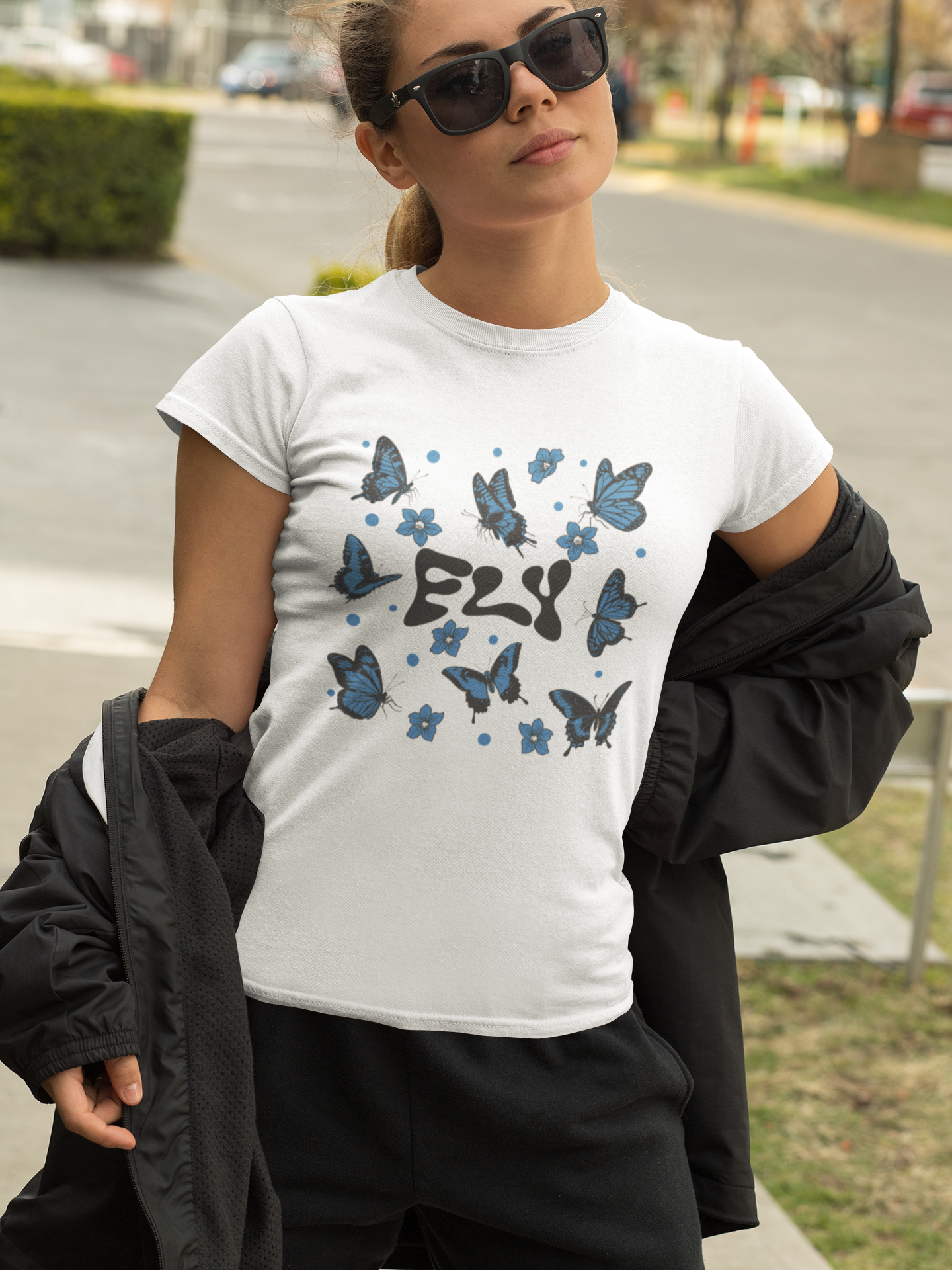 Women's White Half Sleeve Round Neck T-Shirt – "Fly" Butterfly Graphic Tee