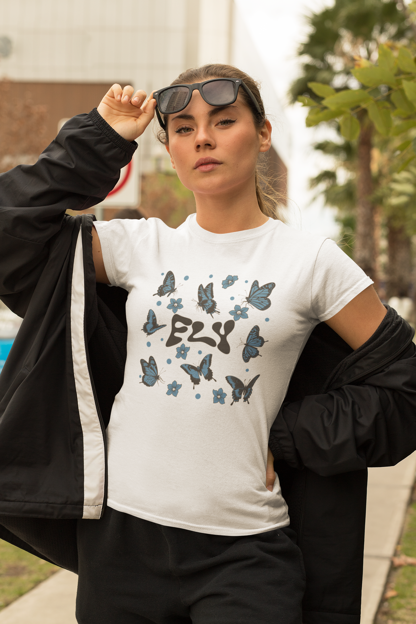 Women's White Half Sleeve Round Neck T-Shirt – "Fly" Butterfly Graphic Tee